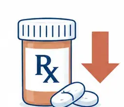 Illustration of a prescription bottle and pills with a downward arrow
