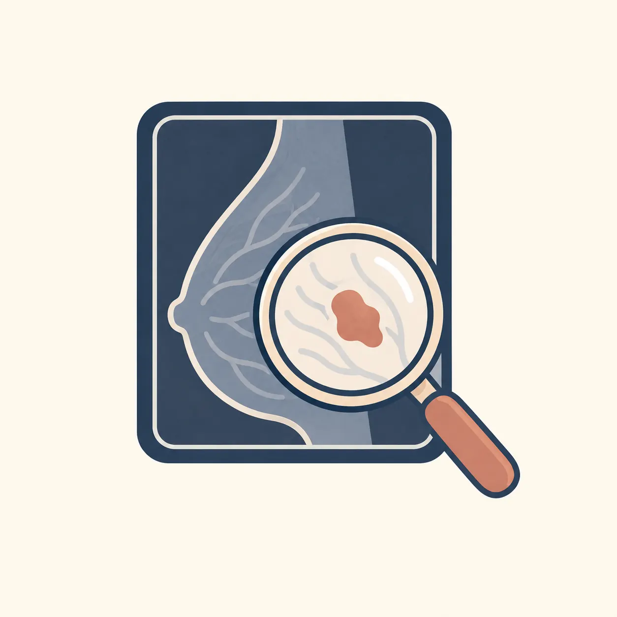 Breast imaging illustration with a magnifying glass highlighting an area of concern.