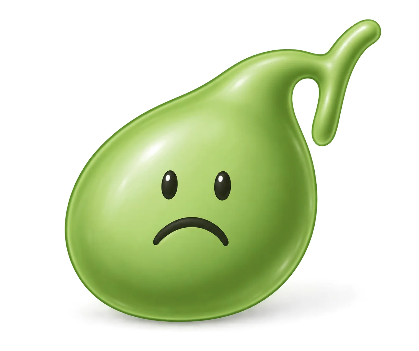 An enlarged gallbladder cartoon with an unhappy expression representing poor emptying.