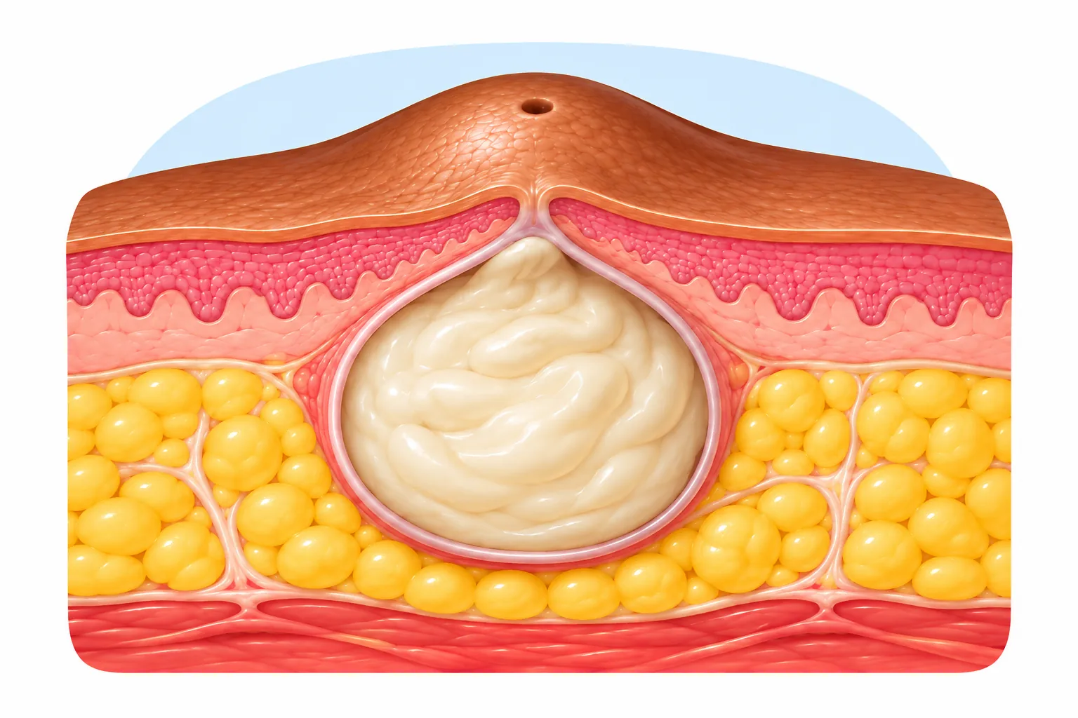 Illustration of a sac beneath the skin filled with thick material.