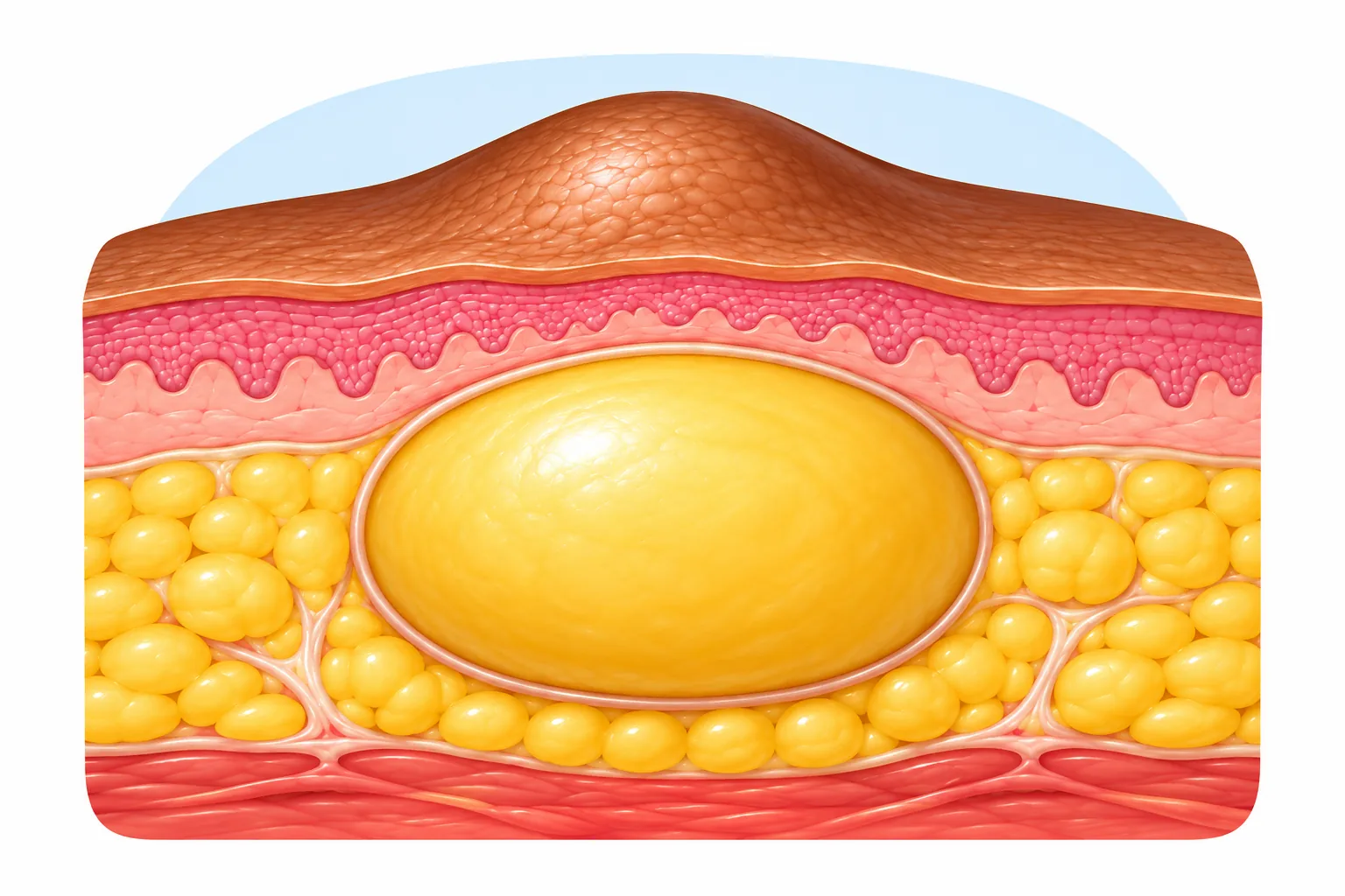 Illustration of a smooth lump of fatty tissue beneath the skin.