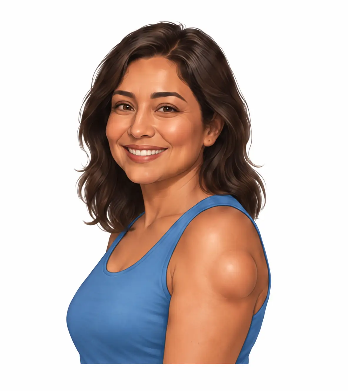 Illustration of a smiling woman with a large, rounded lump beneath the skin of her upper arm.