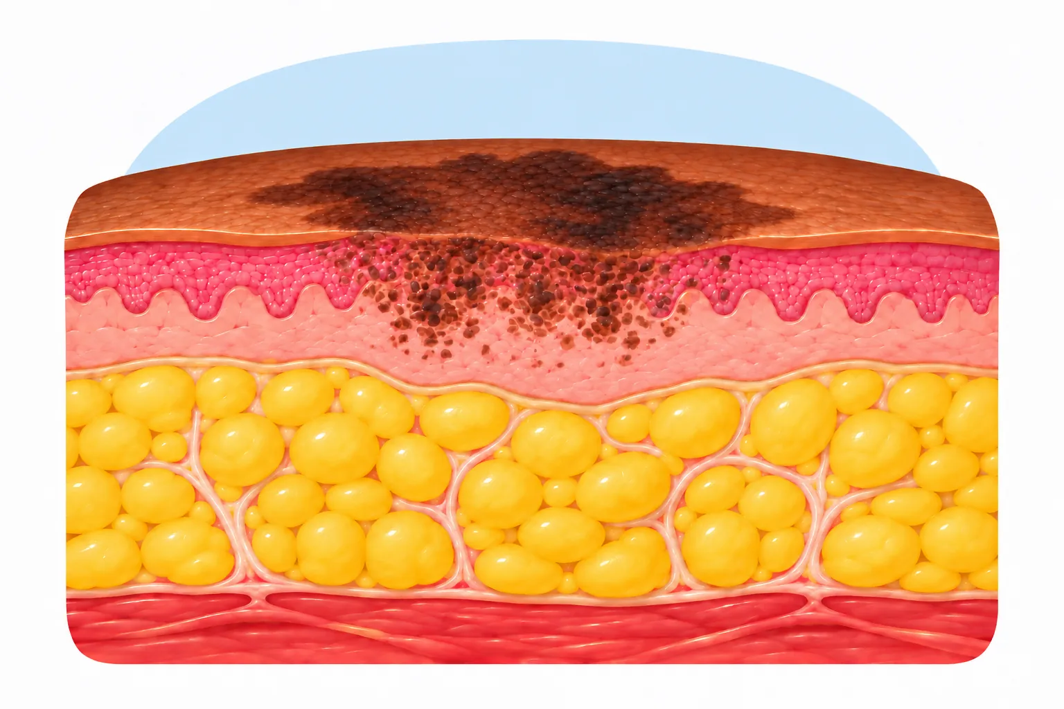 Illustration of melanoma showing an irregular dark patch on the skin and abnormal cells beneath the surface.